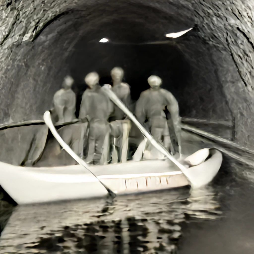 tramway, canal, miners, canoe, mine tunnel